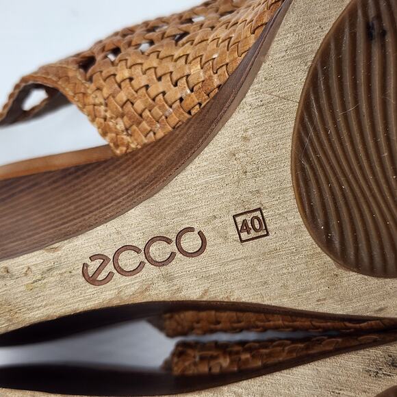 Ecco Open Peep Toe Wedge Sandals EU 40 US 9-9.5 Brown Leather Woven - Picture 8 of 8
